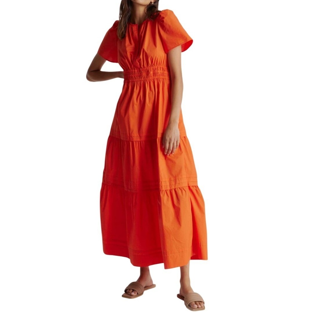 Quince Organic Cotton Tiered Maxi Dress Womens S Smocked Waist Puff Sleeve